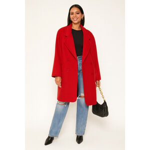 Red Wool Oversized Pea Coat Double Breasted Jacket Pockets Vintage Prime Time XL